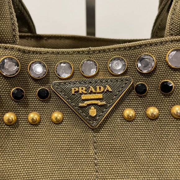 Prada Green Canapa Studded Canvas Handbag Army Green (JB1063) - Picture 3 of 16
